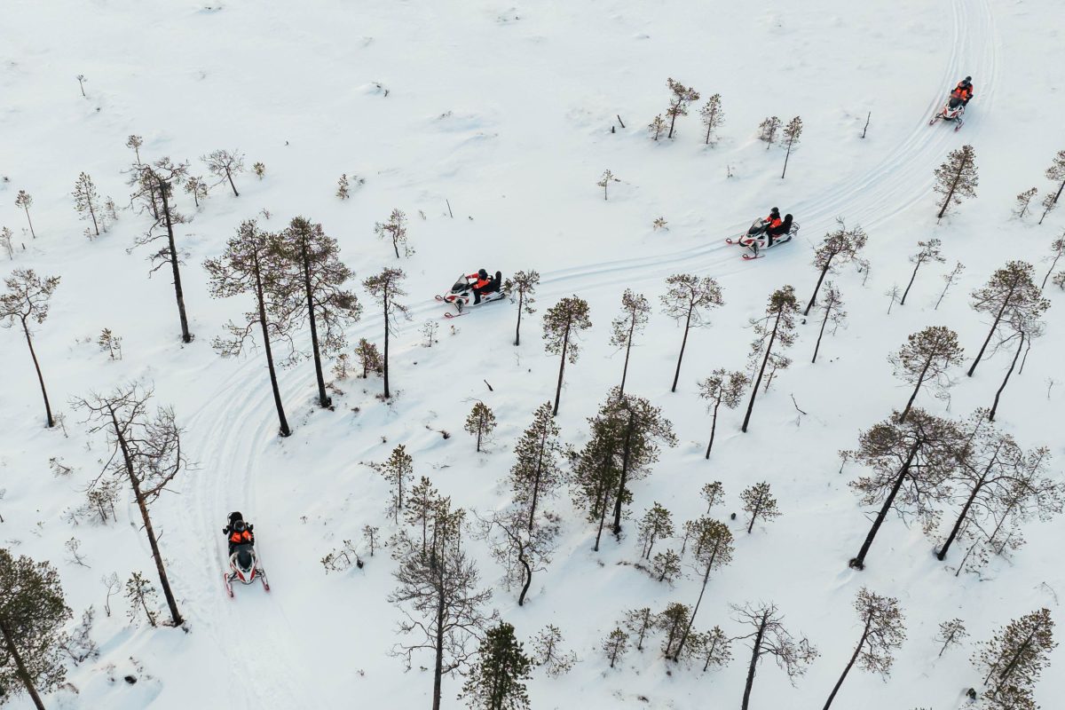 Electric snowmobiles riding through a snowy forest in Rovaniemi