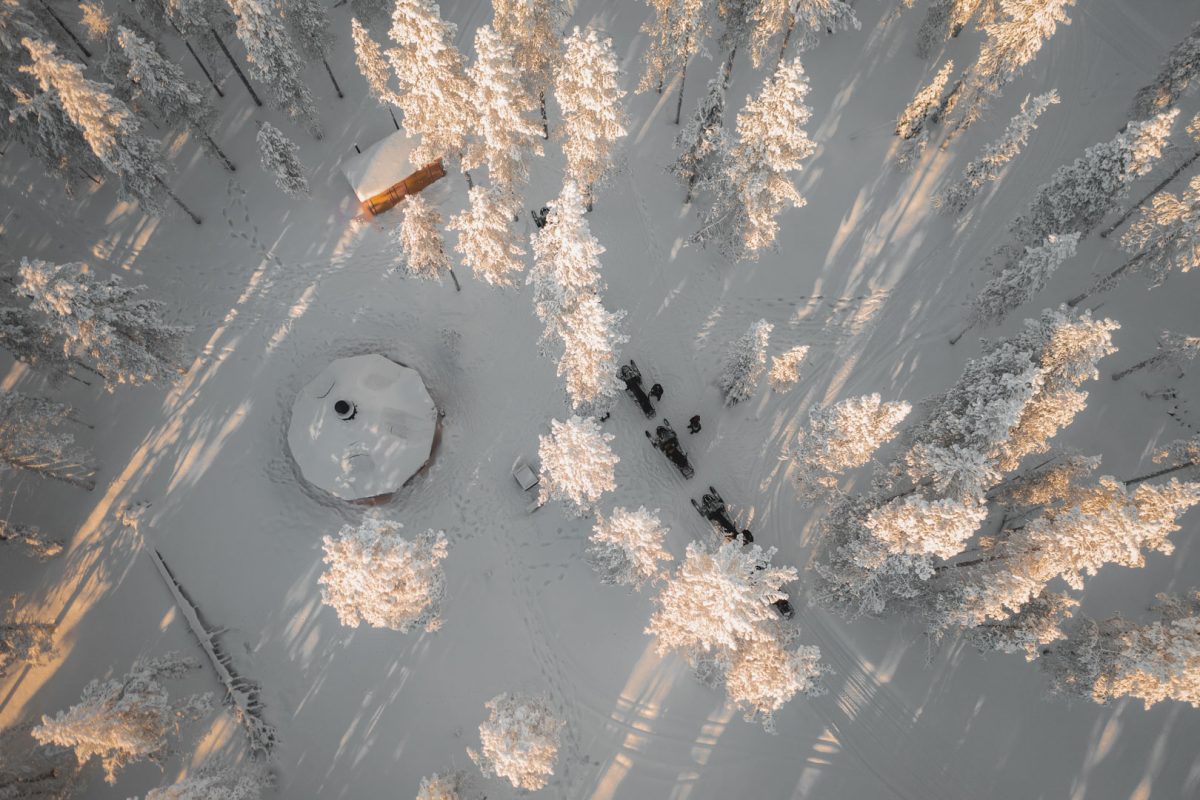 Electric snowmobile tour through a snowy forest