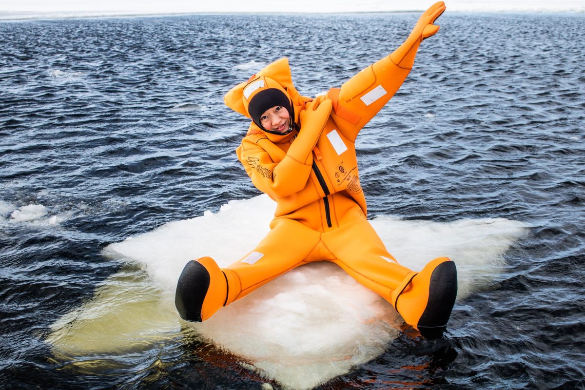 Passenger floating among sea ice in a survival suit