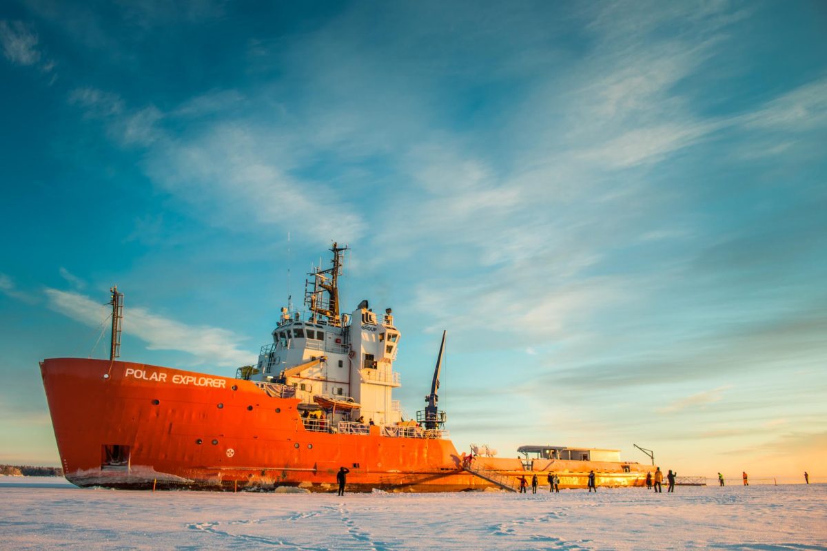 Polar Explorer Icebreaker cruising on the frozen Bothnian Sea