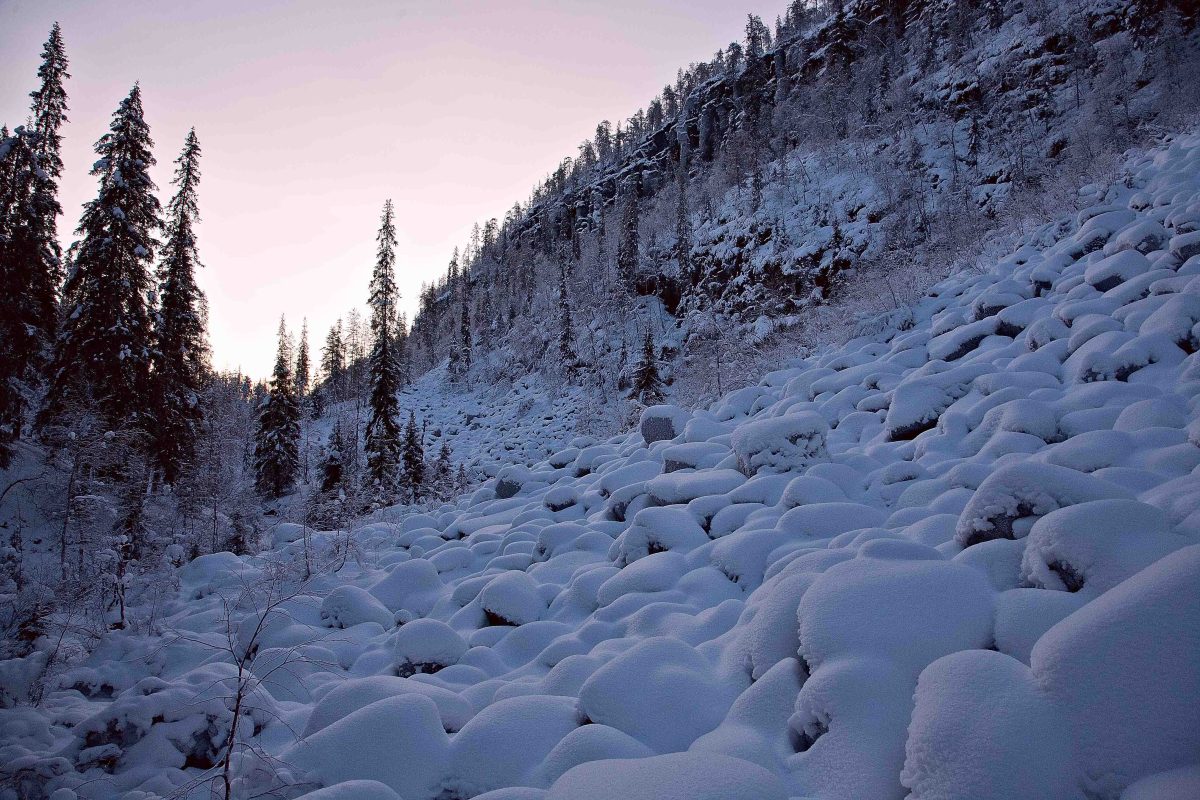 View of the frozen cliffs in Korouoma
