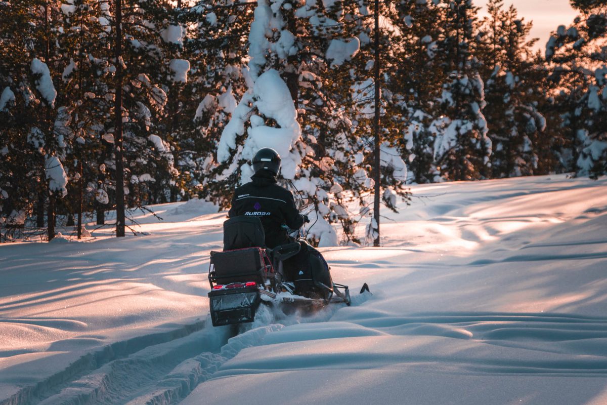 Snowmobiling through a winter forest in Lapland