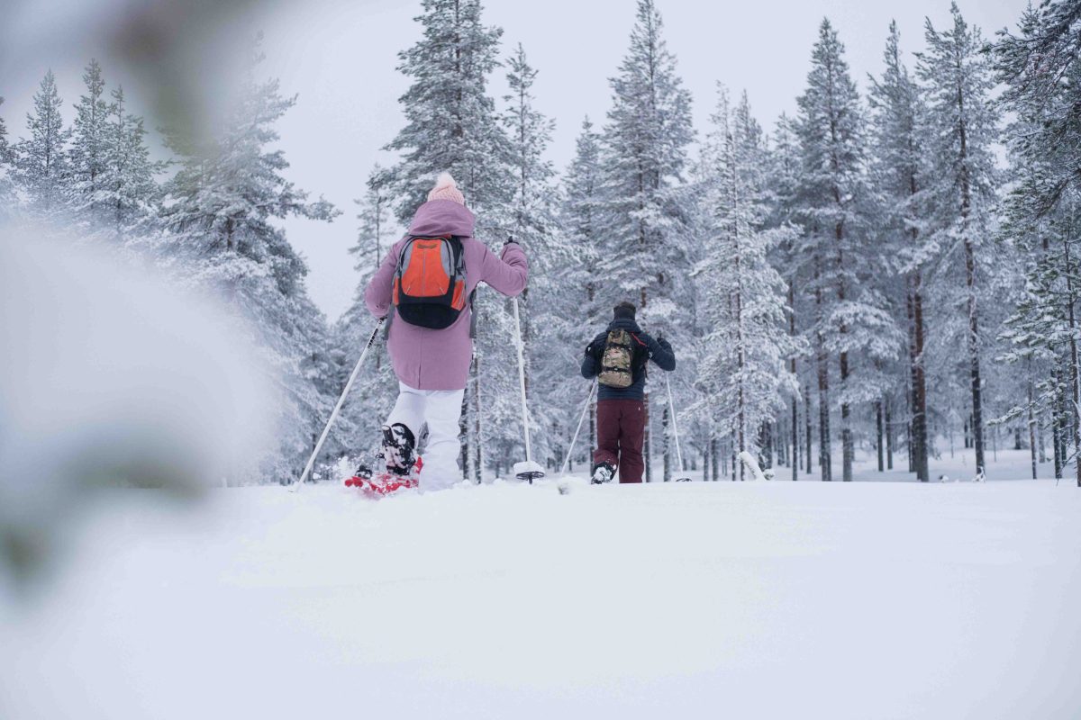 Snowshoeing through a snowy forest near Rovaniemi, Lapland