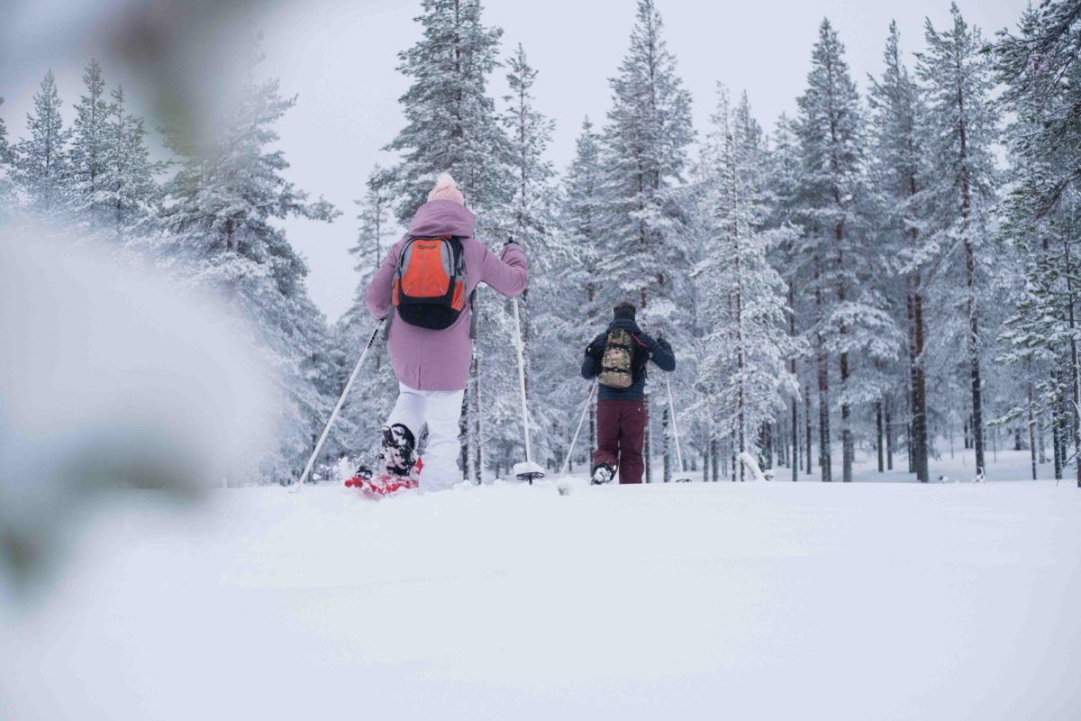 Snowshoeing through a snow-covered forest
