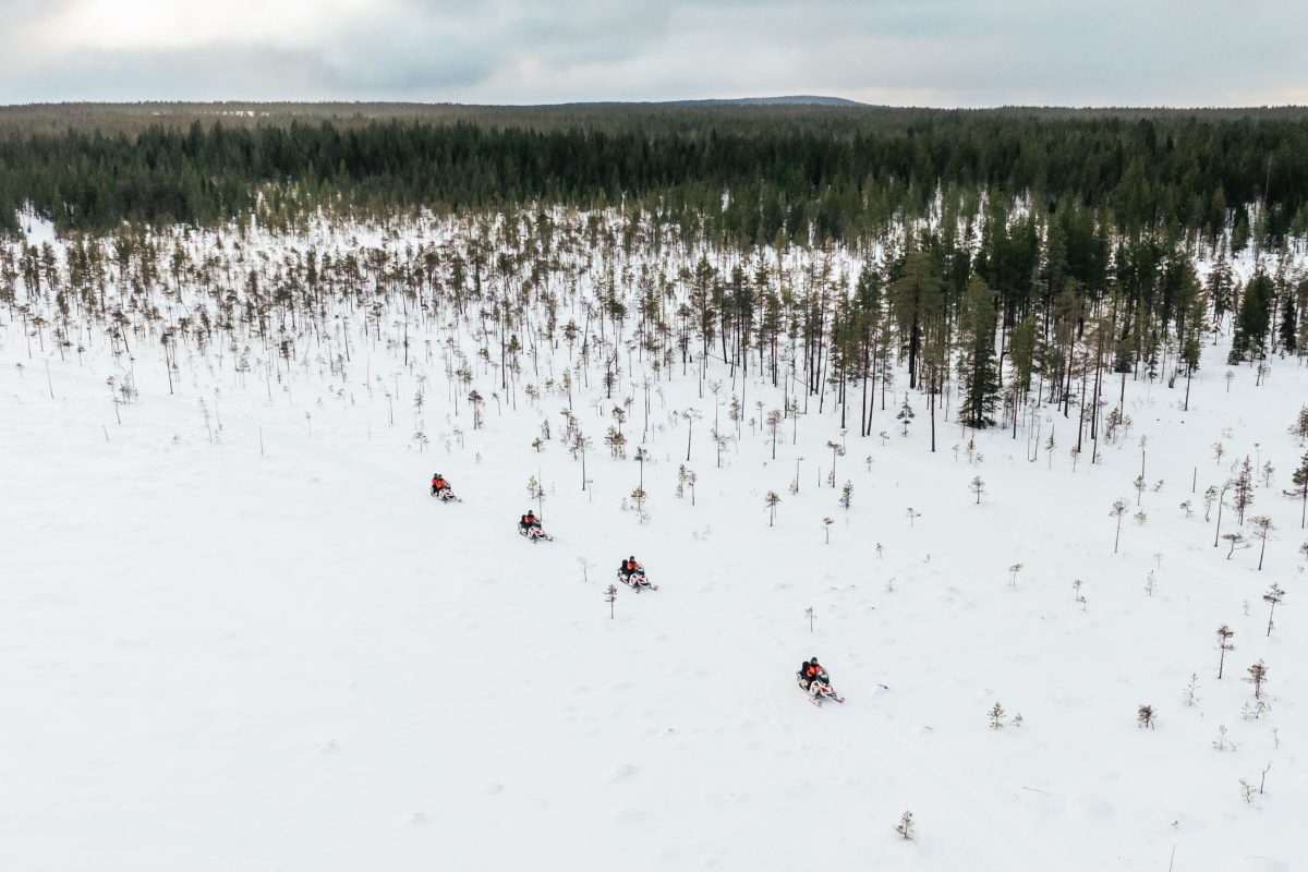 Private snowmobile trail through a snowy Rovaniemi forest