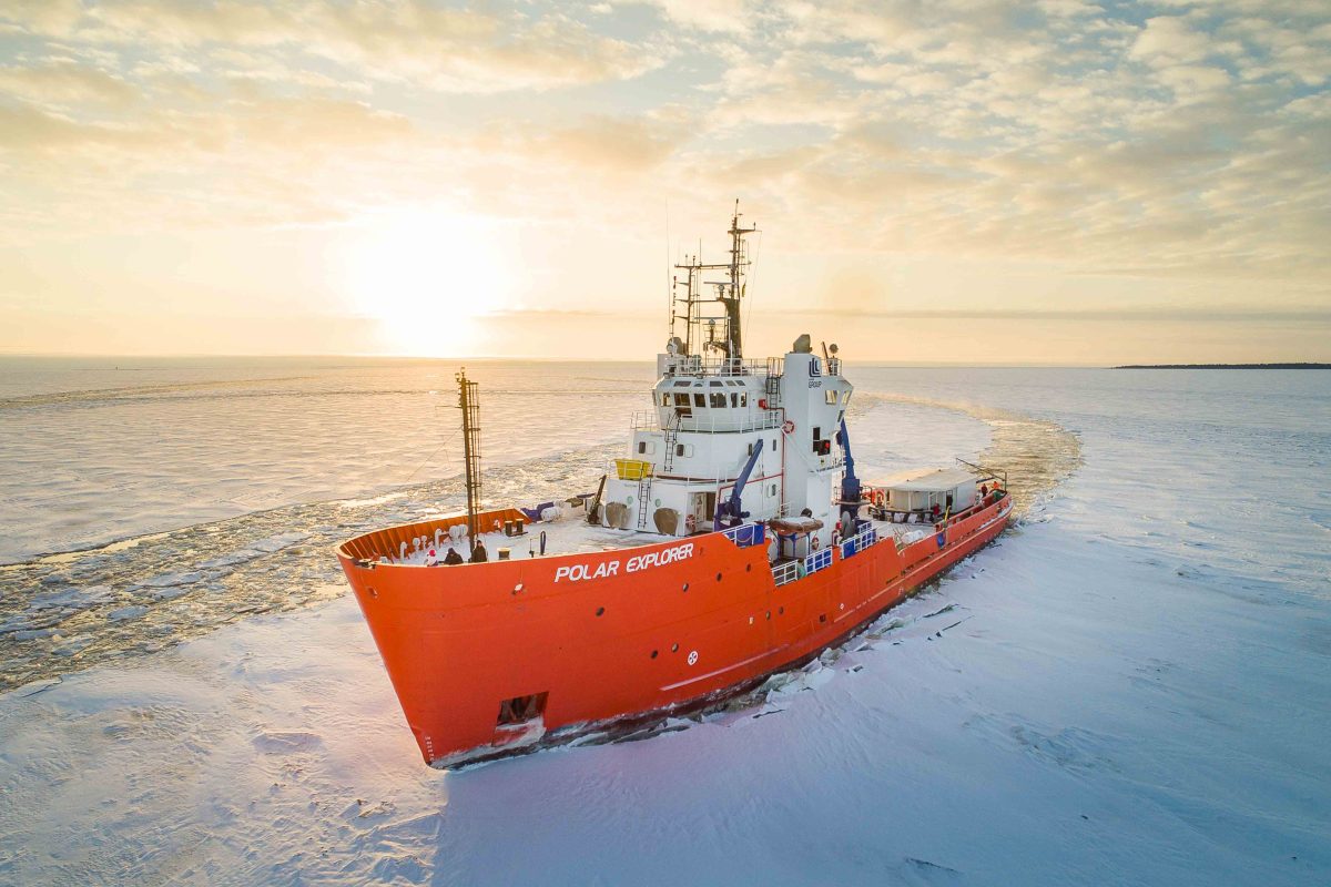 Polar Explorer Icebreaker at winter sunrise